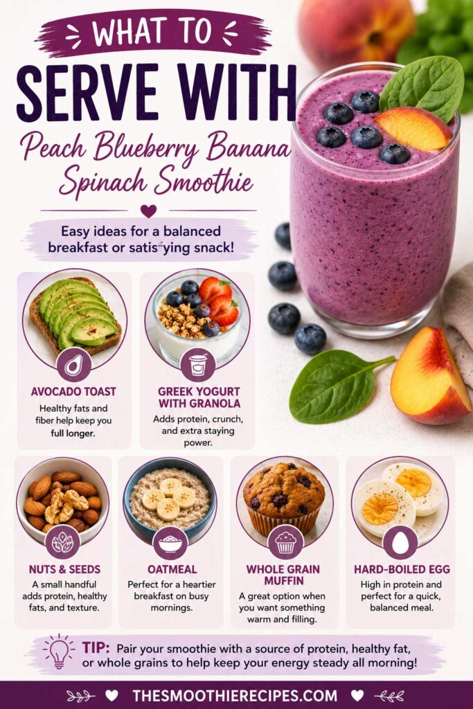 Peach Blueberry Banana Spinach antioxidant smoothie recipe Pairing Ideas Infographic