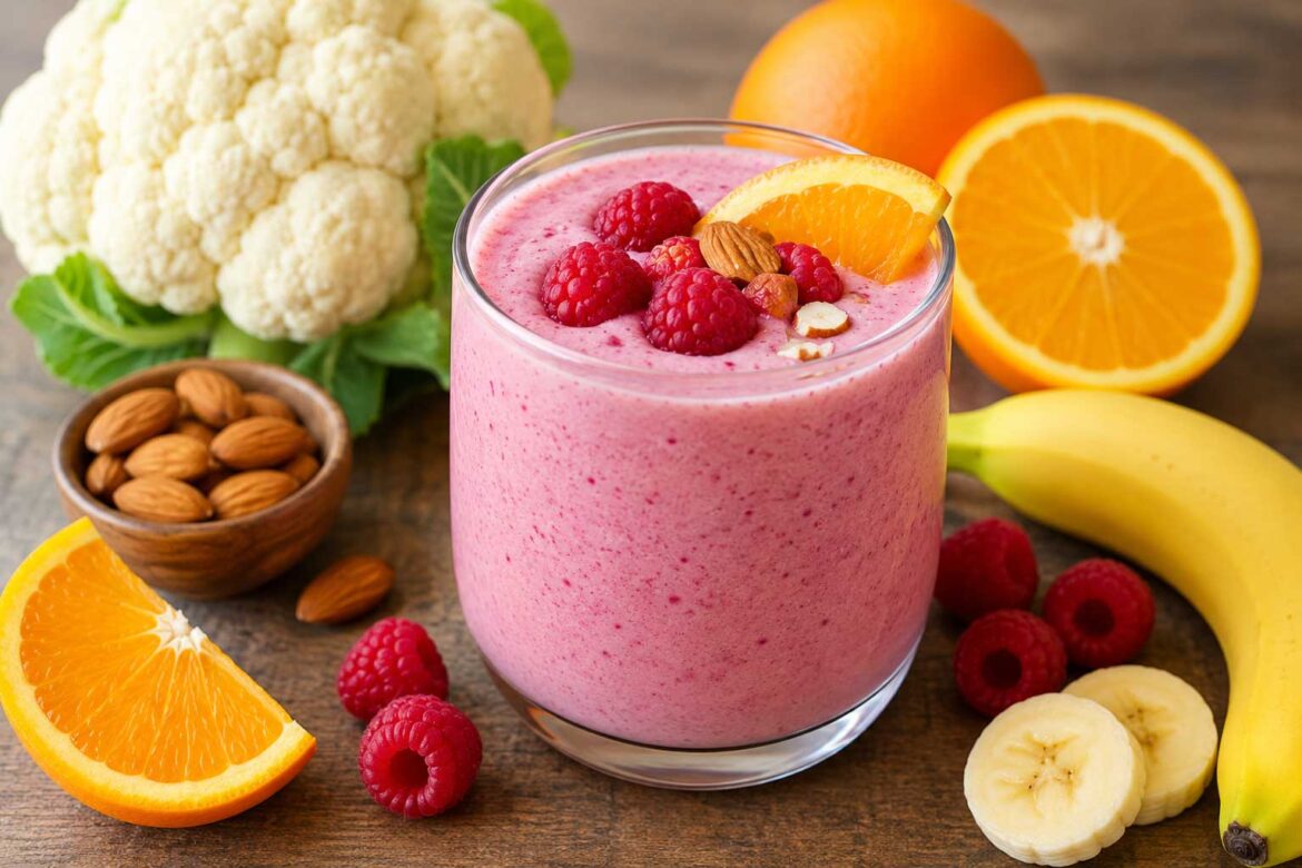 Cauliflower Raspberry Banana Orange smoothie recipe